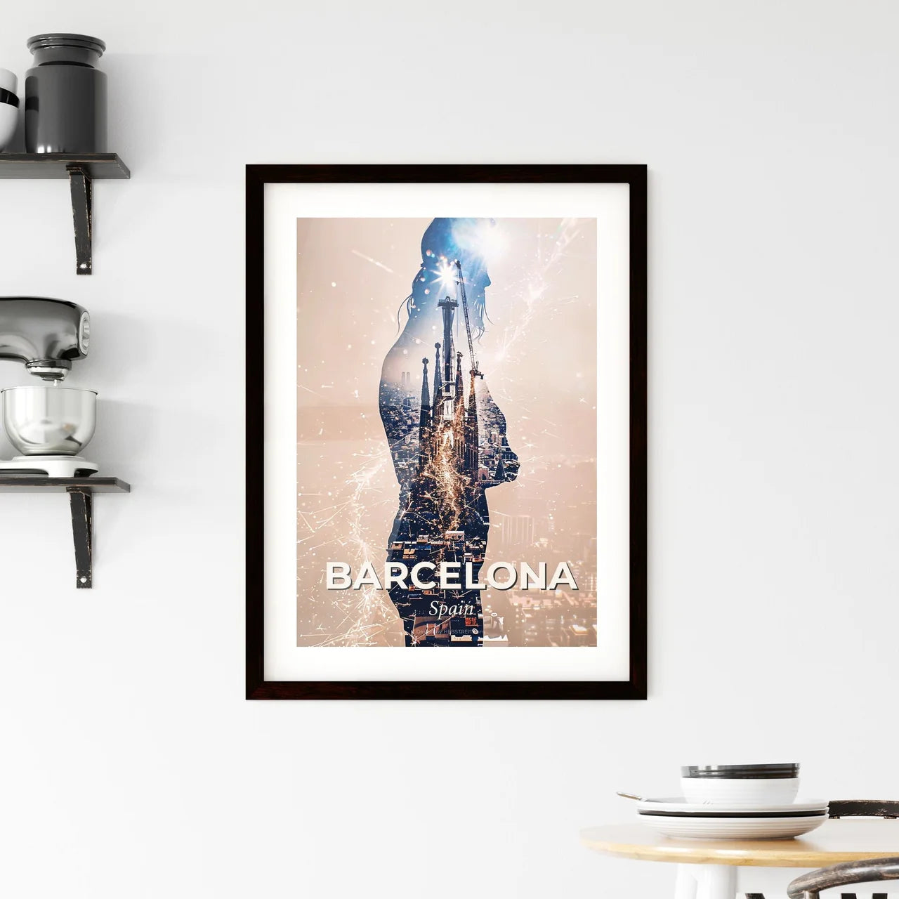 Barcelona Skyline Double Exposure Cityscape Poster Framed Print