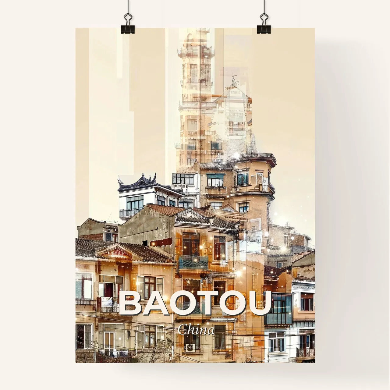 Baotou Cityscape Art: Local Icons Sparkle Poster