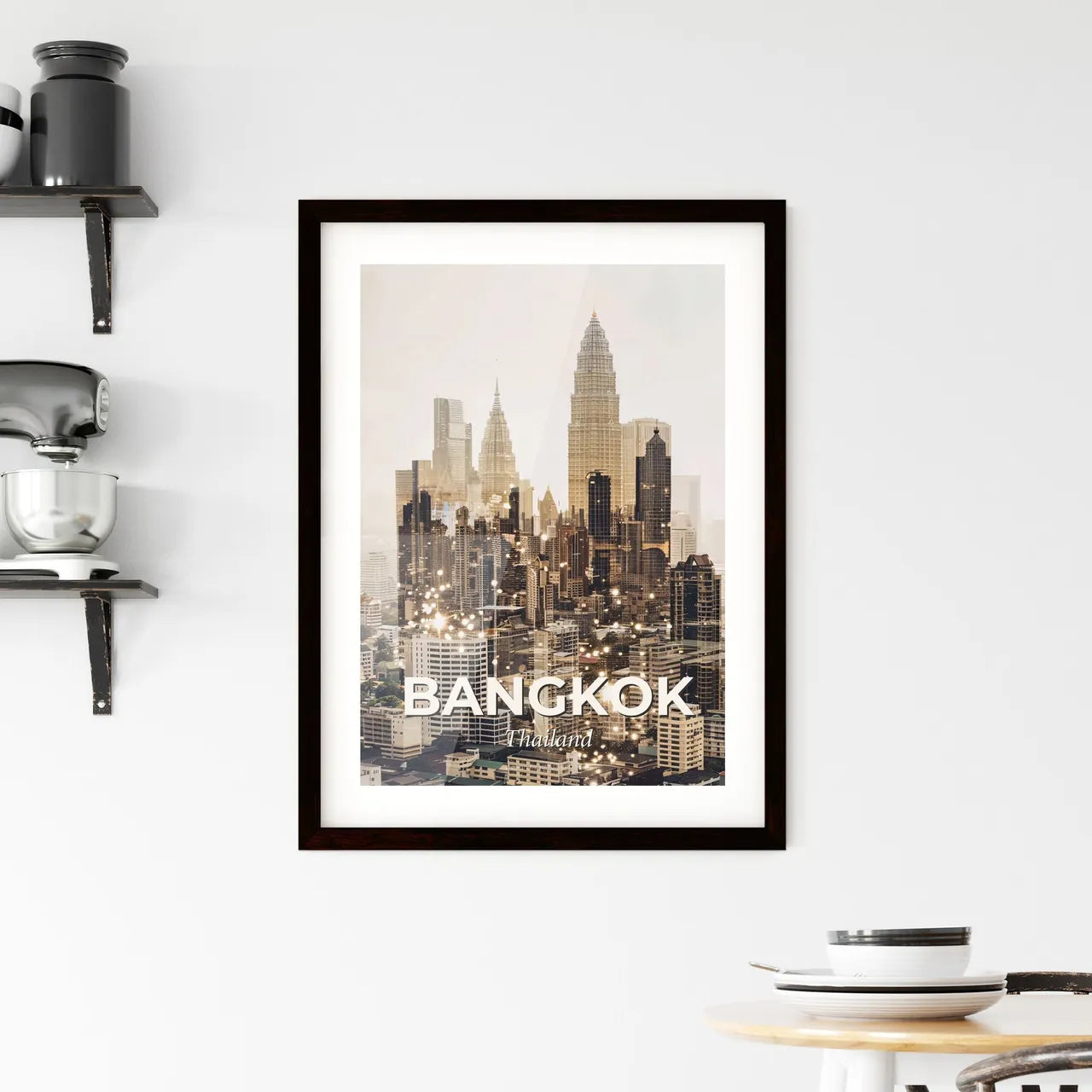 Bangkok Skyline City Double Exposure Art Poster Framed Print