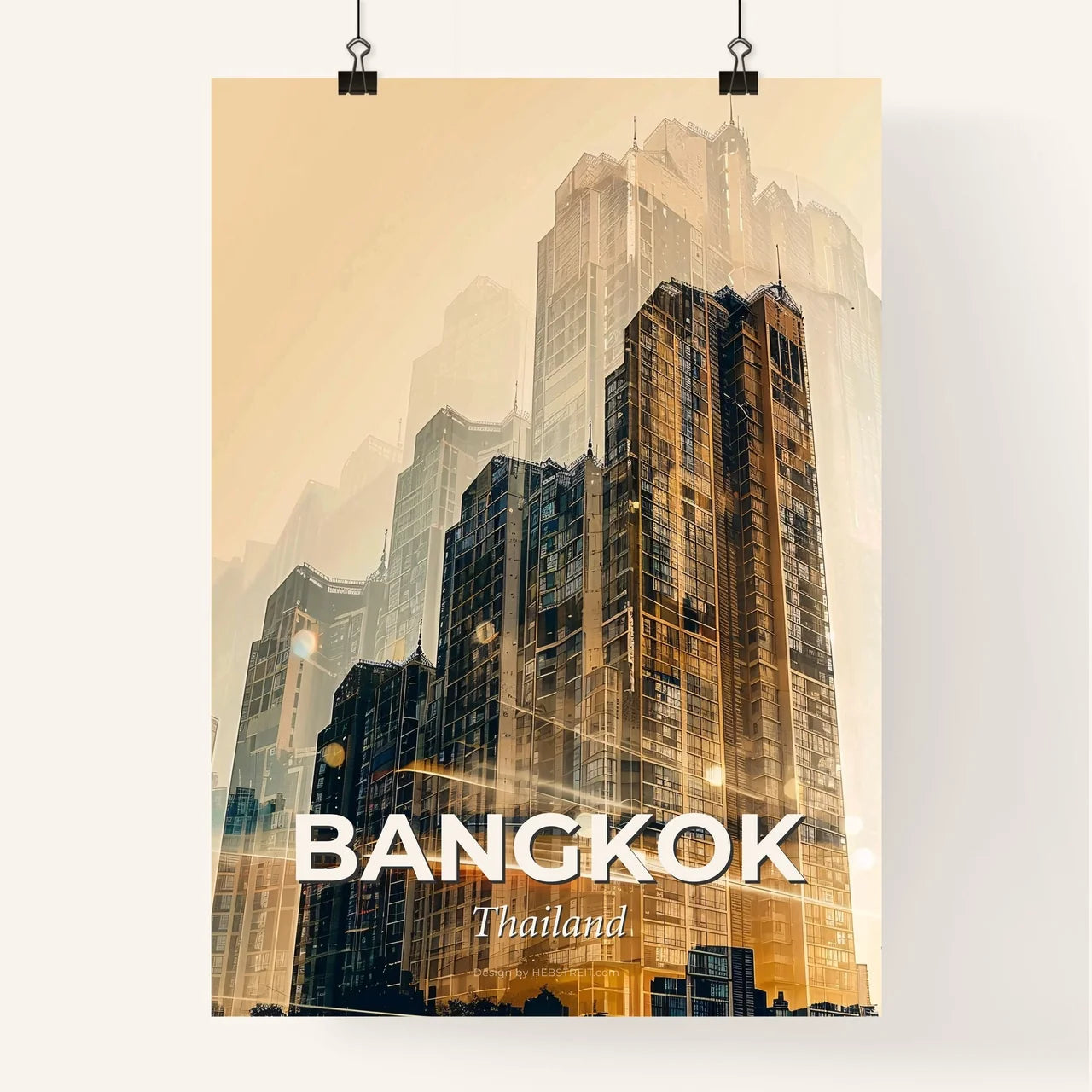 Bangkok Skyline Poster Art: Local Icons on Beige Poster