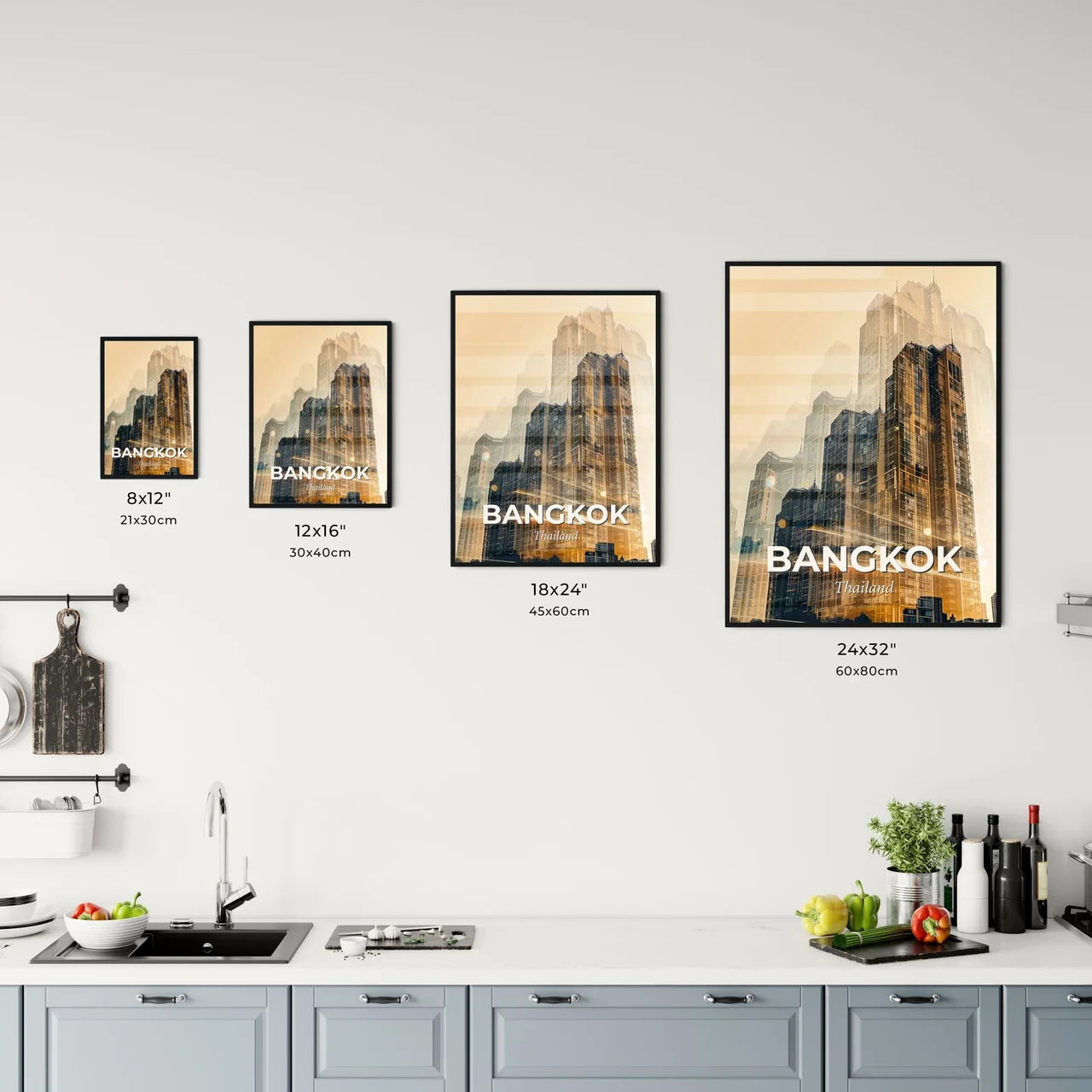 Bangkok Skyline Poster Art: Local Icons on Beige Office Art