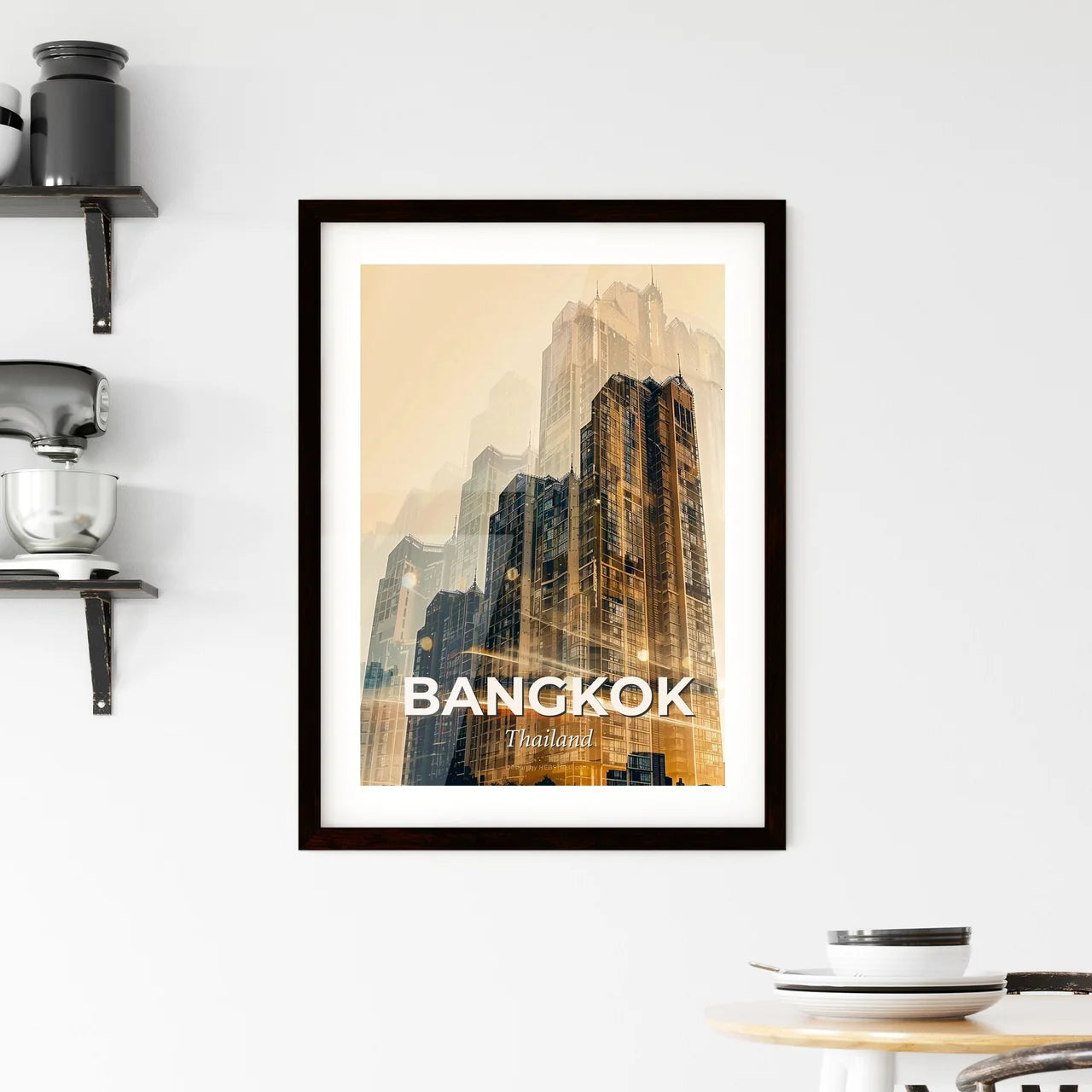 Bangkok Skyline Poster Art: Local Icons on Beige Framed Print