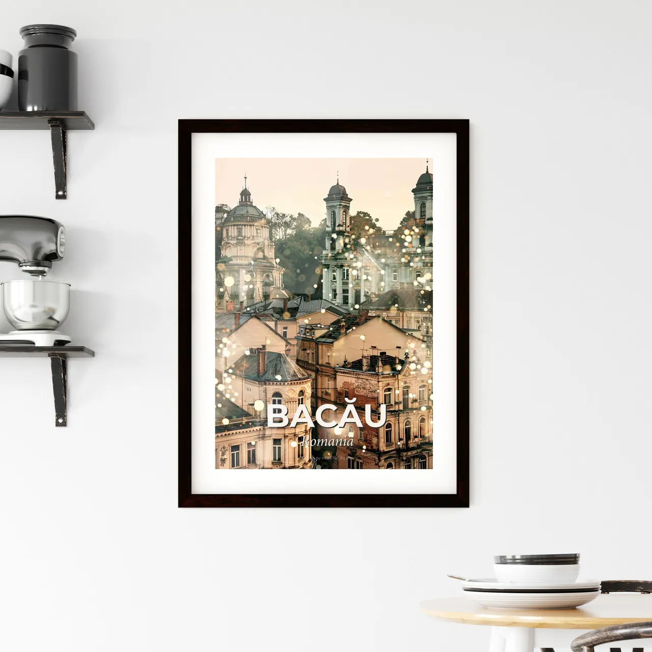 Bacau Skyline Double Exposure Art Poster Framed Print