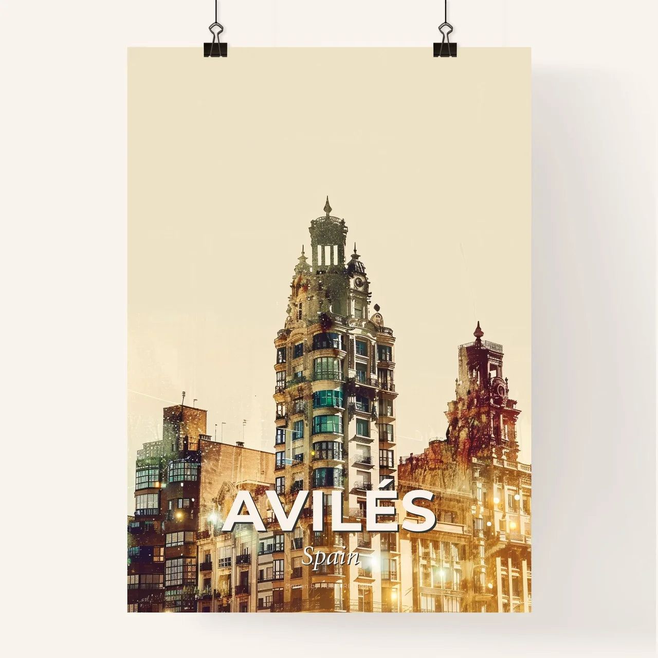 Avilés Skyline Double Exposure Composite Art Poster