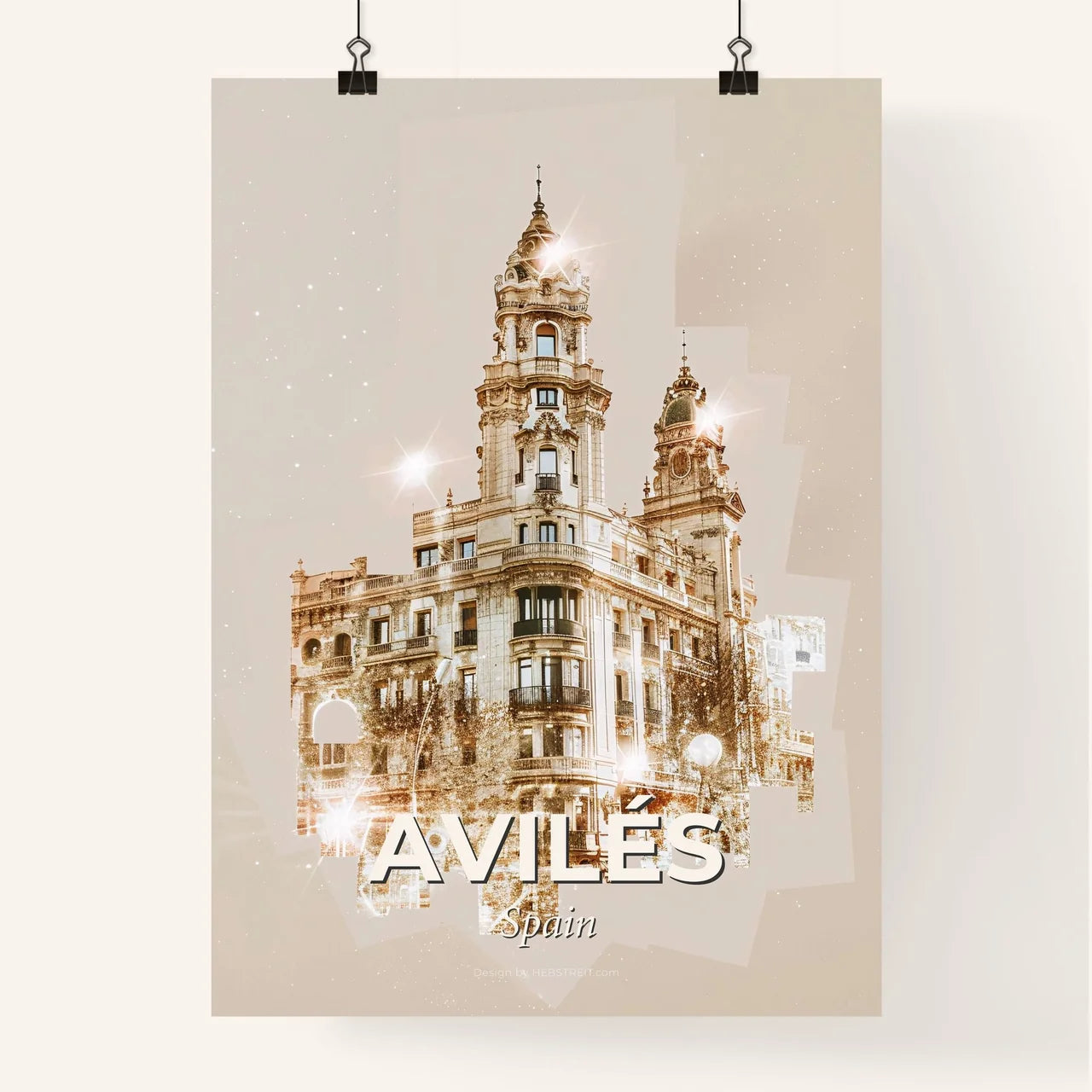 Avilés Skyline Cityscape Art on Beige Poster