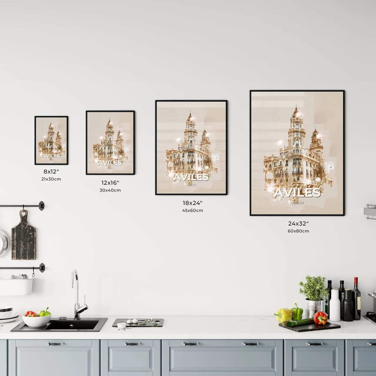 Avilés Skyline Cityscape Art on Beige Office Art