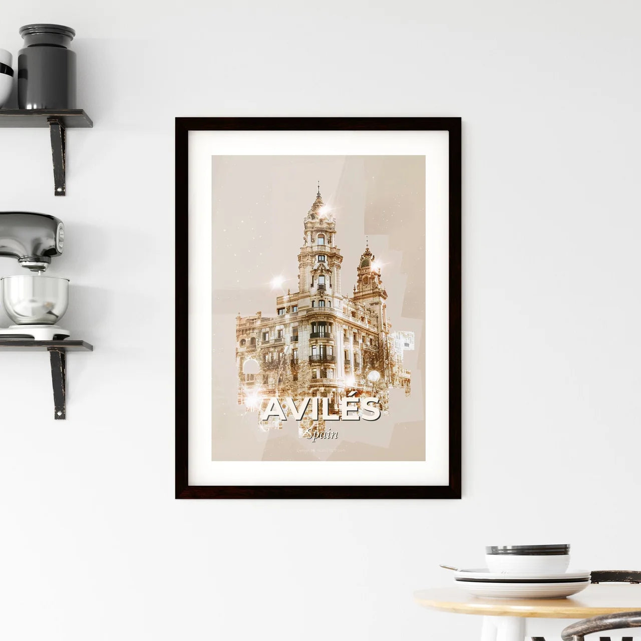 Avilés Skyline Cityscape Art on Beige Framed Print