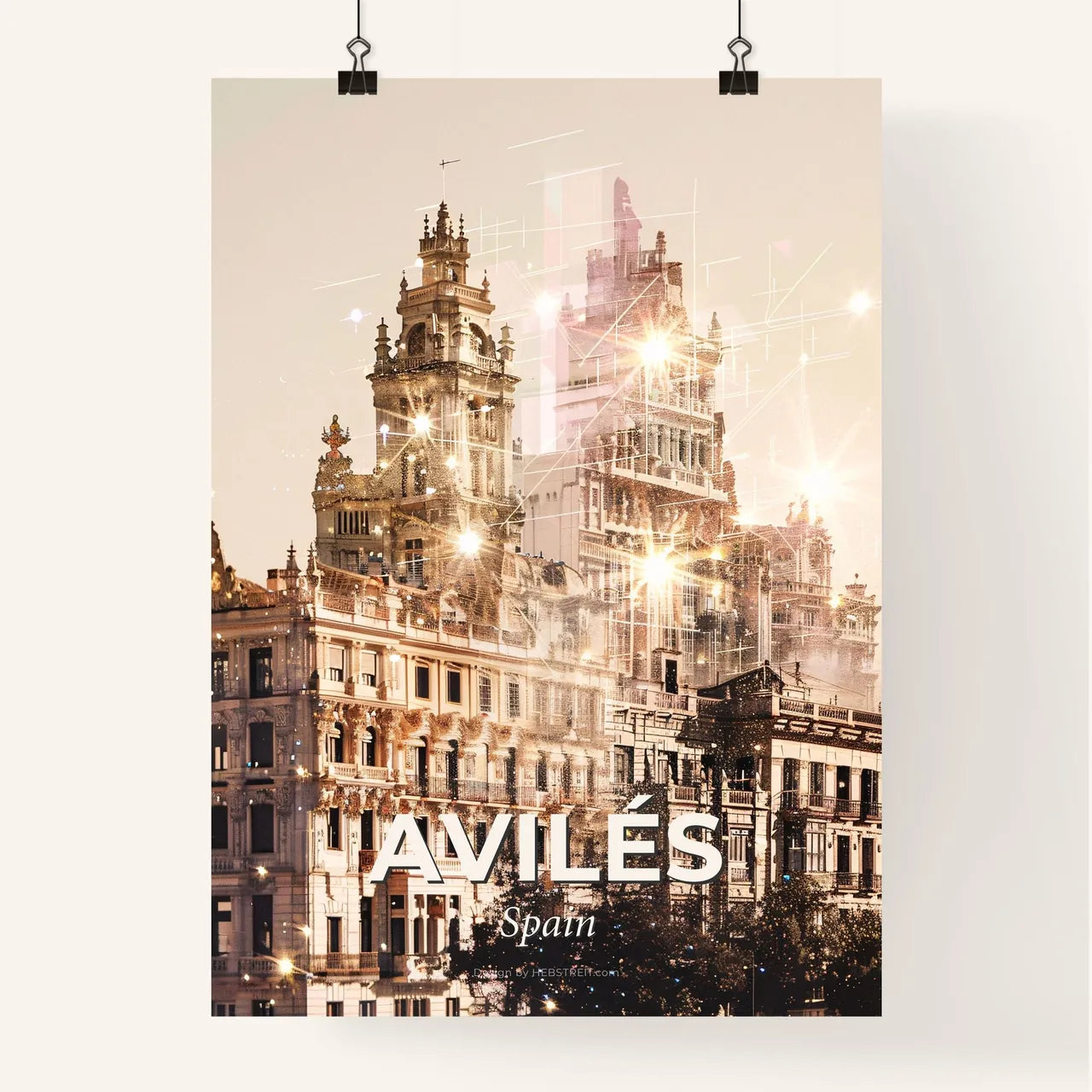 Avilés City Skyline Double Exposure Beige Subtile Sparkles Poster