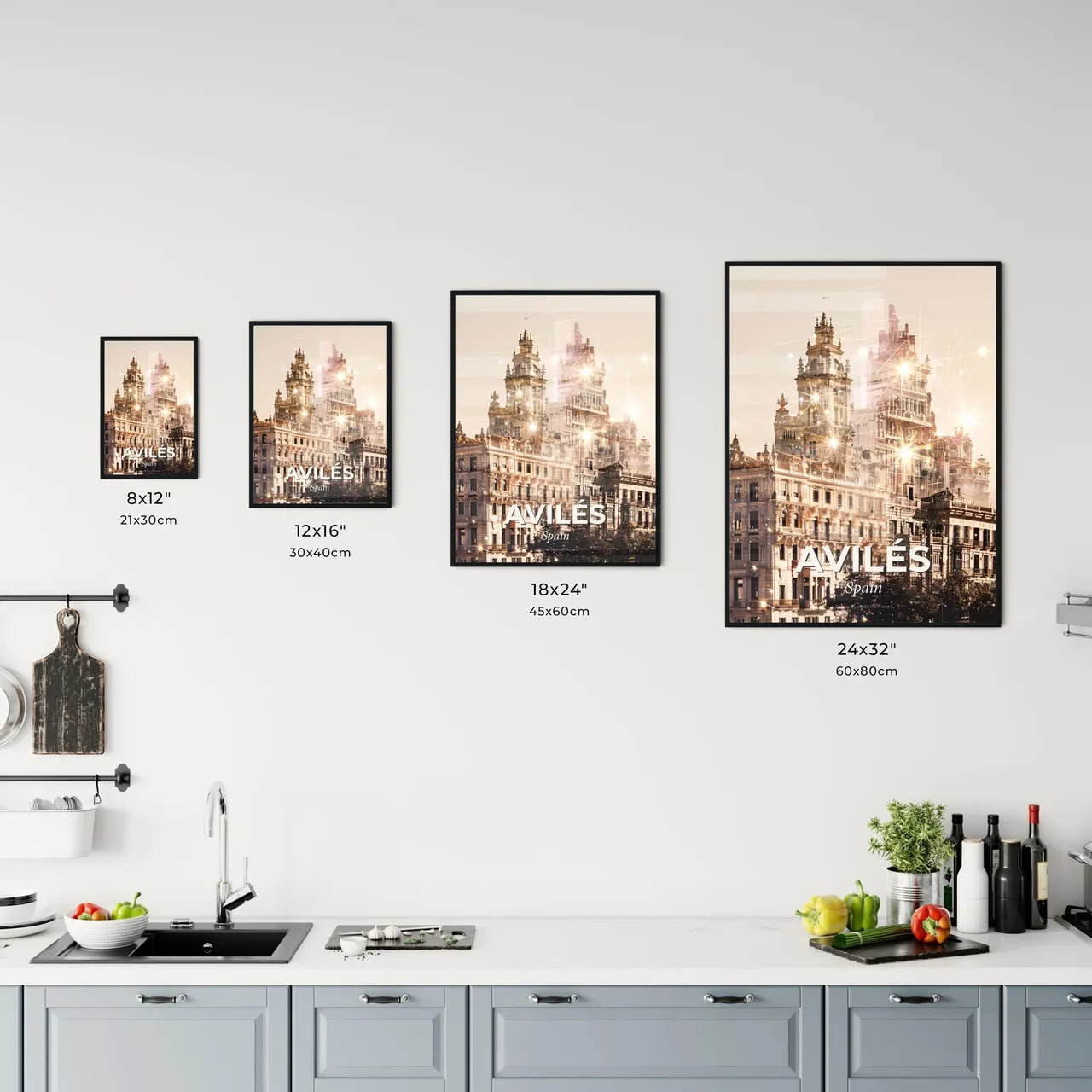 Avilés City Skyline Double Exposure Beige Subtile Sparkles Office Art