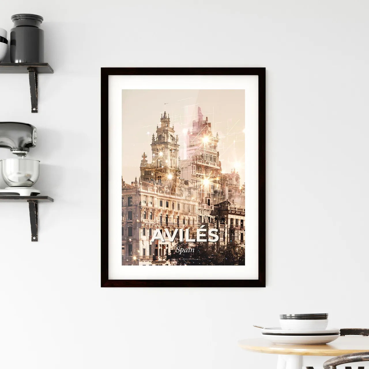 Avilés City Skyline Double Exposure Beige Subtile Sparkles Framed Print
