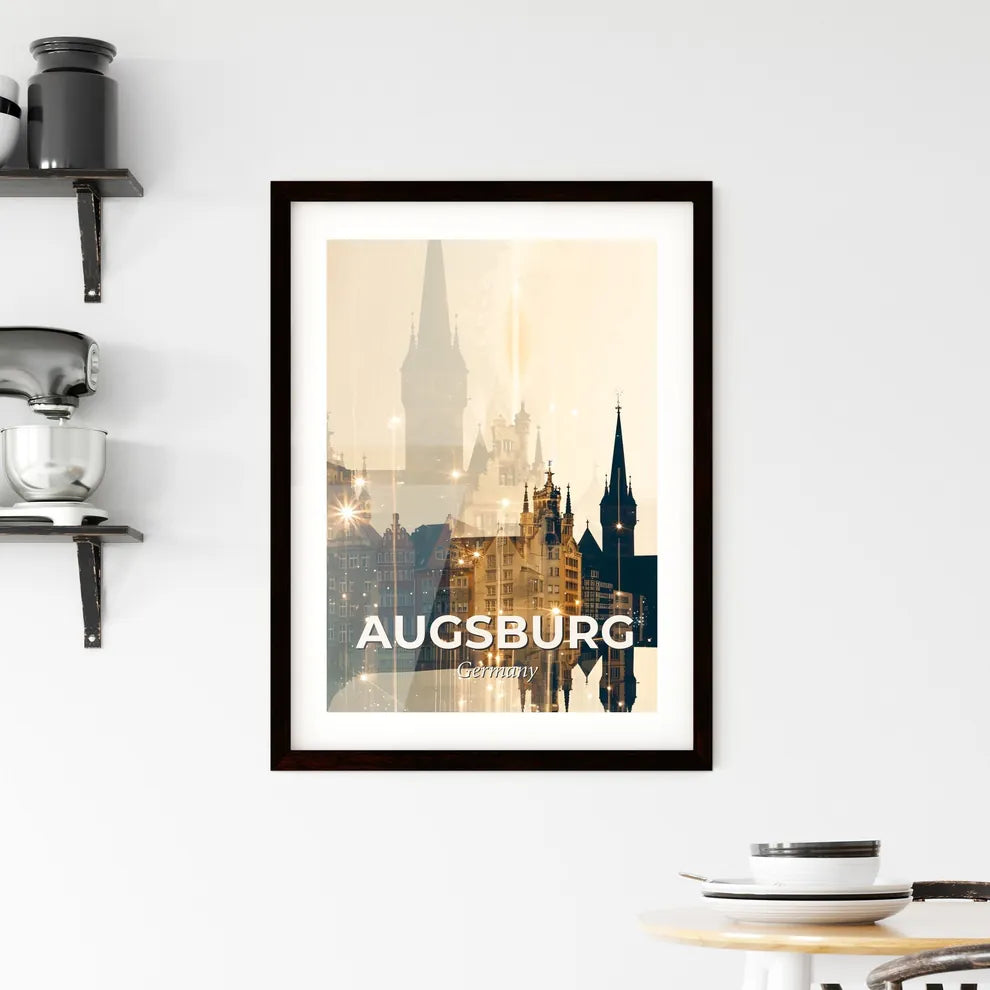 Augsburg Skyline Poster with Golden Lights Framed Print