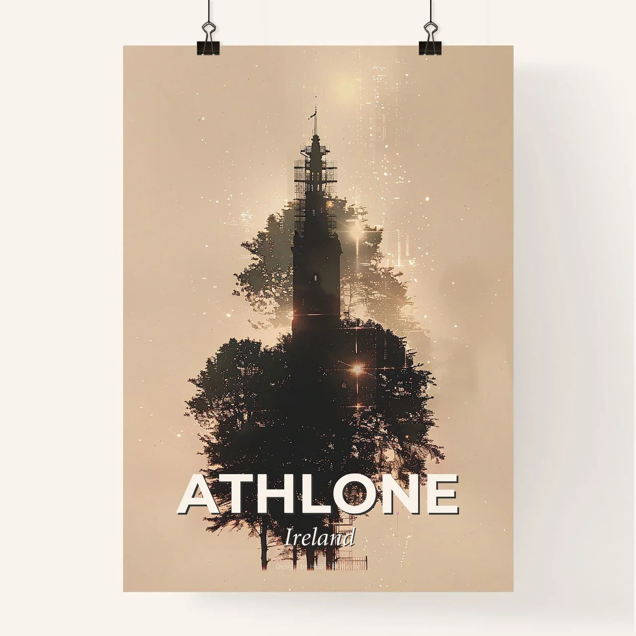 Athlone Skyline Art Print: Beige Paper, Backlights, Sparkles Poster