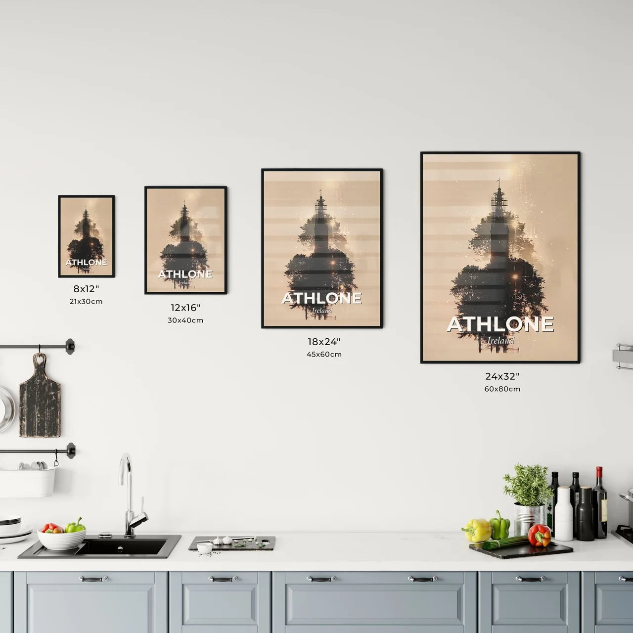 Athlone Skyline Art Print: Beige Paper, Backlights, Sparkles Office Art
