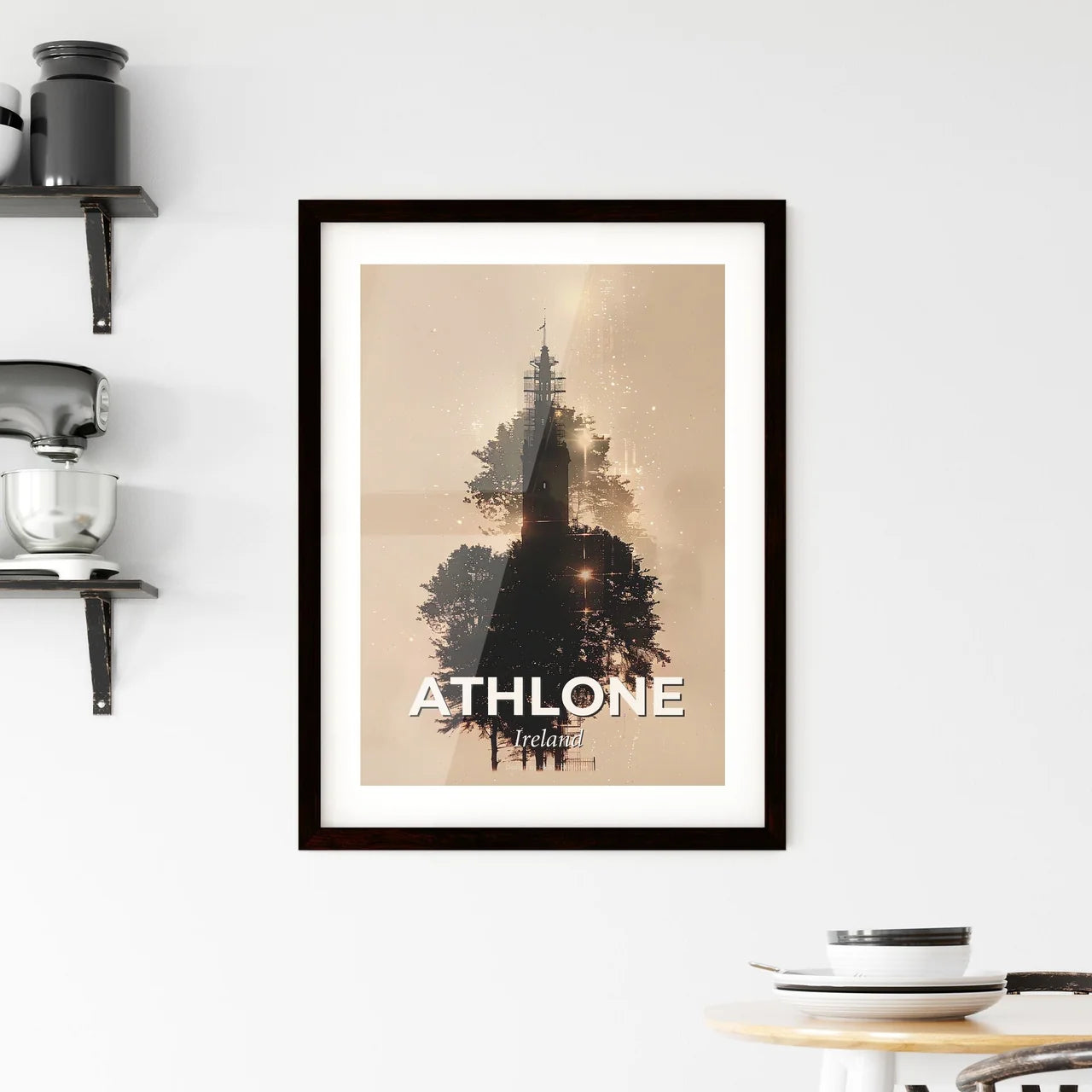 Athlone Skyline Art Print: Beige Paper, Backlights, Sparkles Framed Print