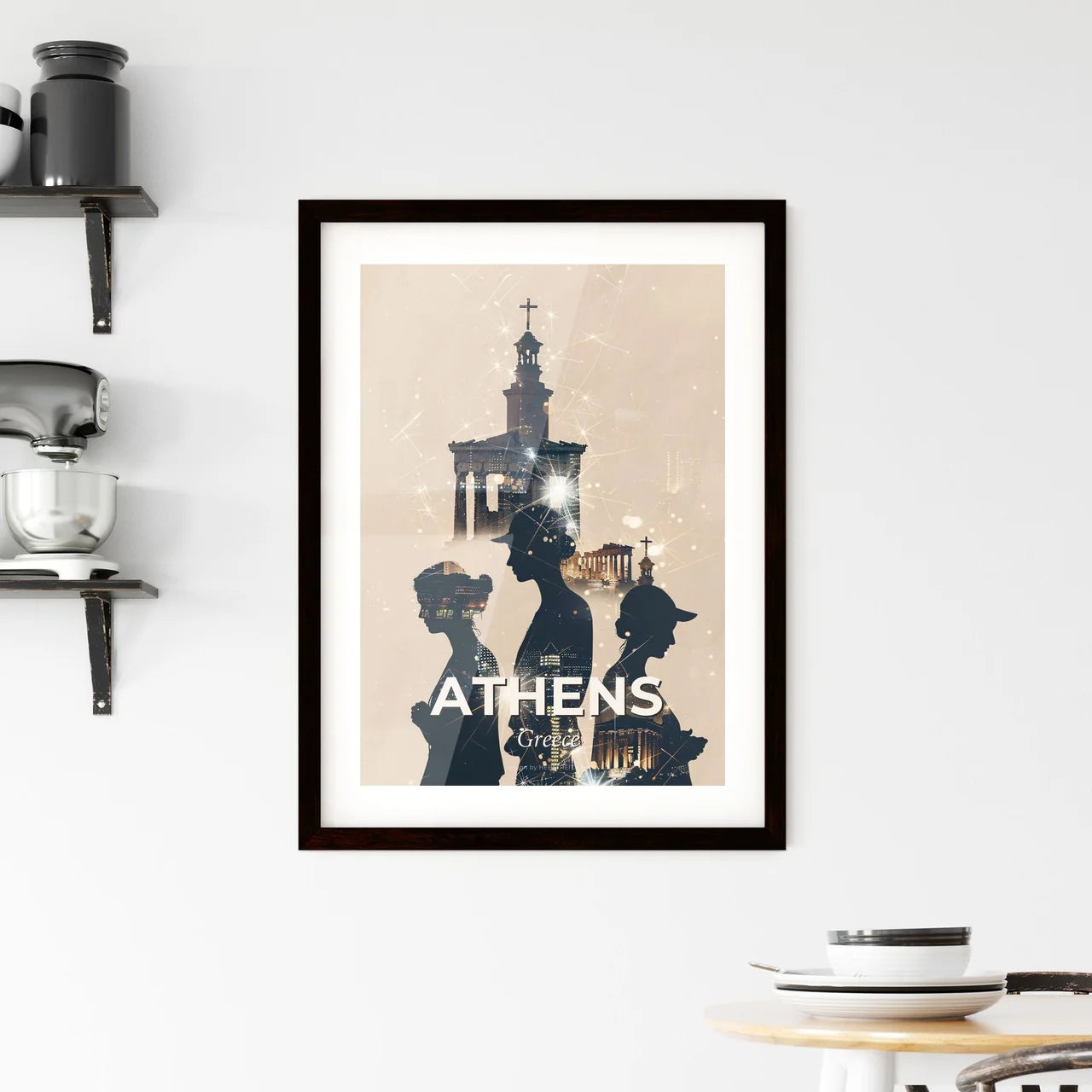 Athens Iconic Skyline Double Exposure Poster Framed Print