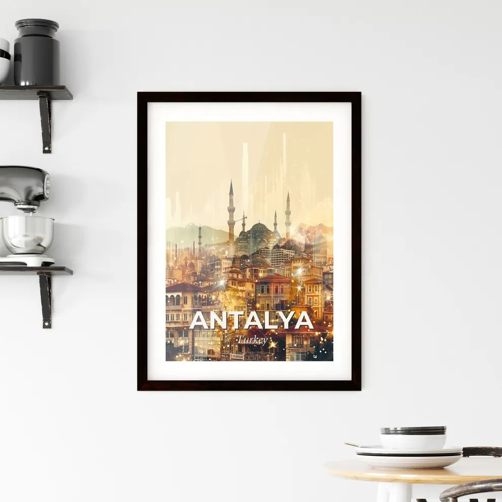 Antalya City Skyline Night Lights Poster Design Framed Print