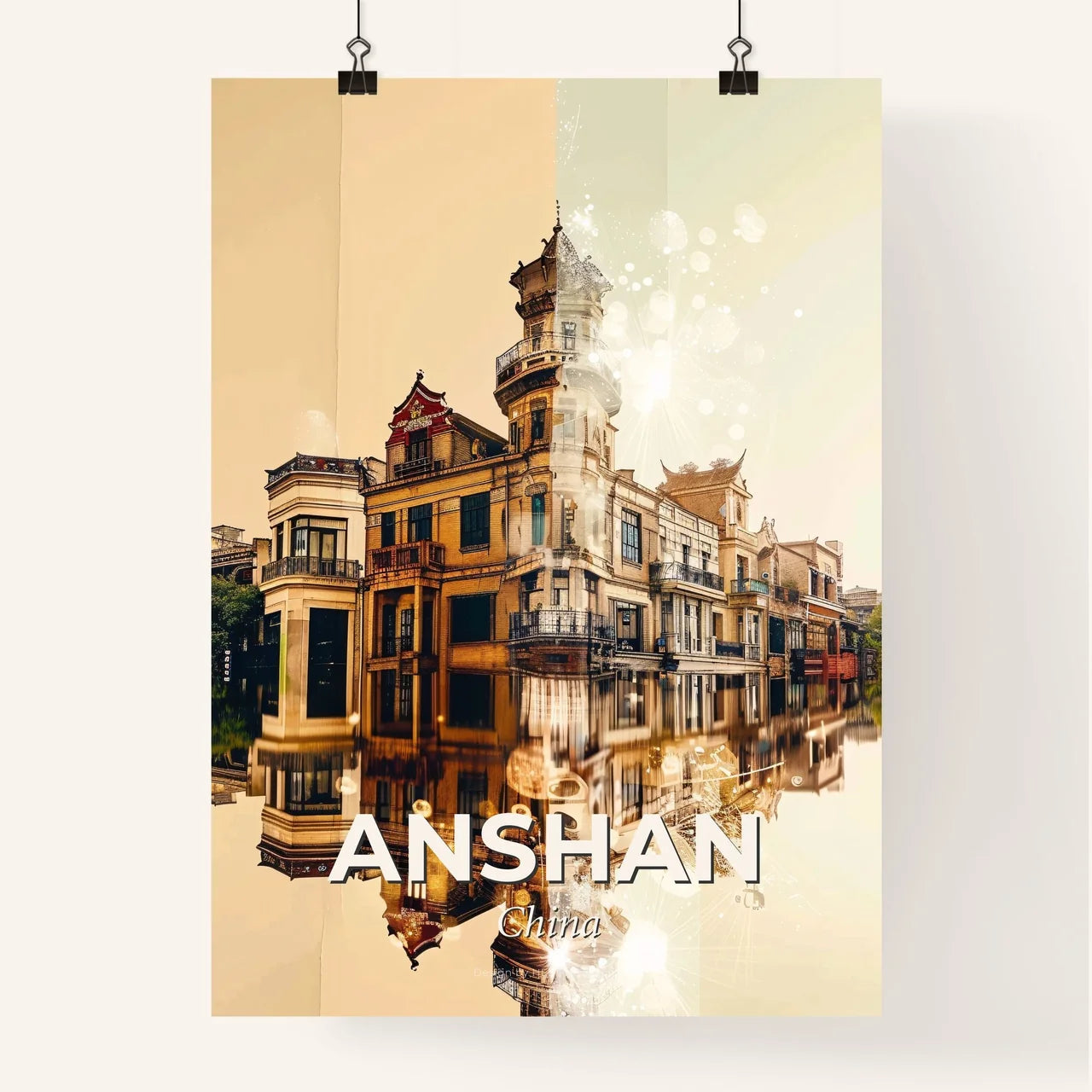 Anshan City Skyline Icons Poster Art with Sparkles Poster