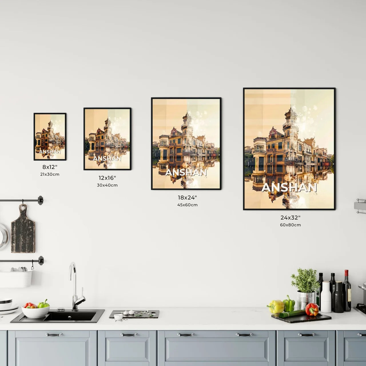 Anshan City Skyline Icons Poster Art with Sparkles Office Art