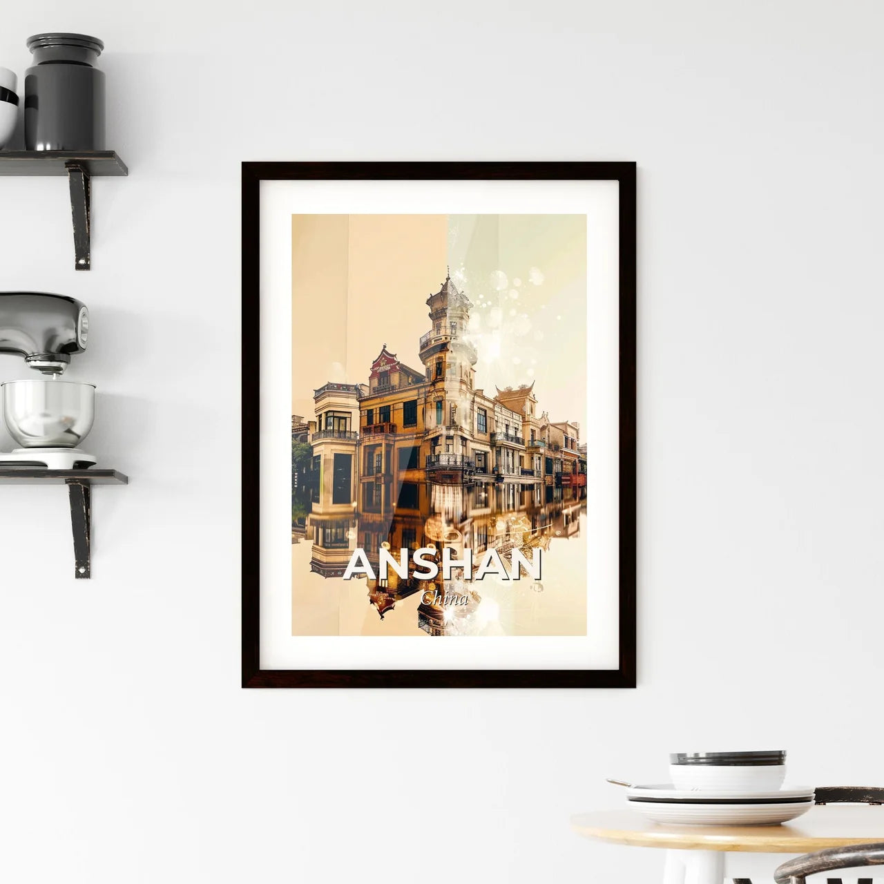 Anshan City Skyline Icons Poster Art with Sparkles Framed Print