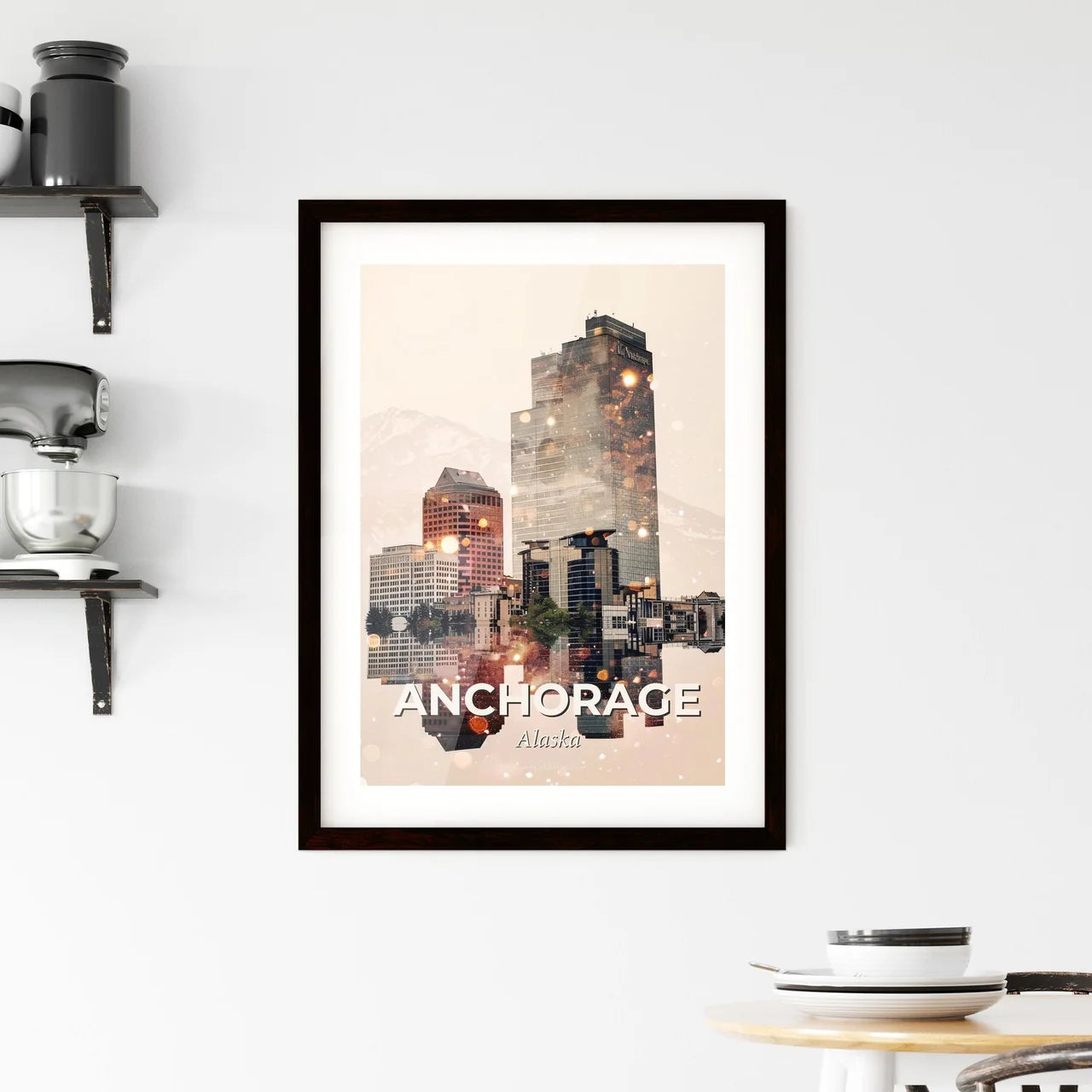 Anchorage Skyline Double Exposure Art Poster Framed Print
