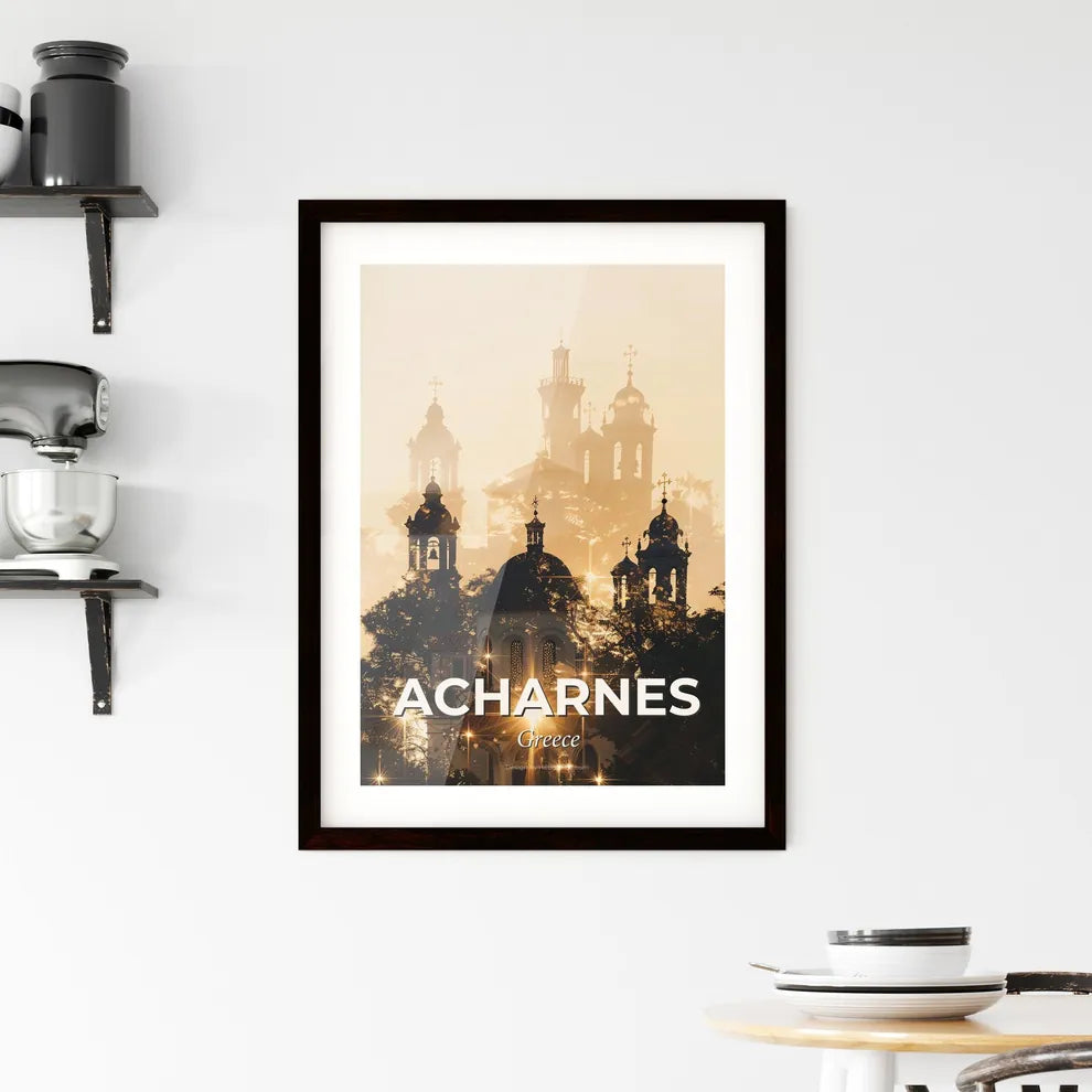 Acharnes City Skyline Beige Sparks Poster Framed Print