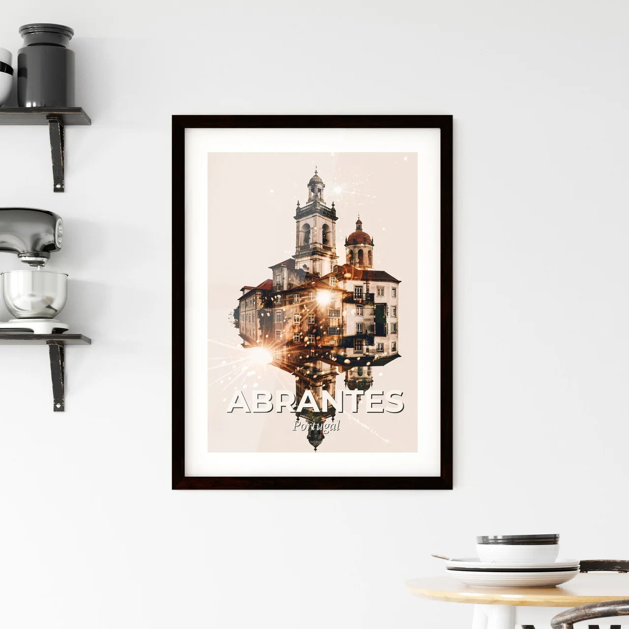 Abrantes, Portugal: City Skyline Art on Beige Framed Print