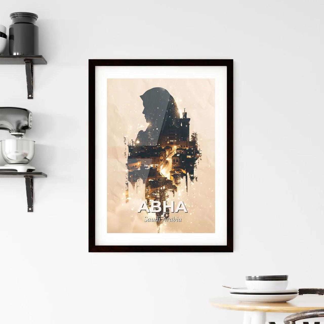 Abha City Composite Art: Skyline Beauty in Beige Framed Print
