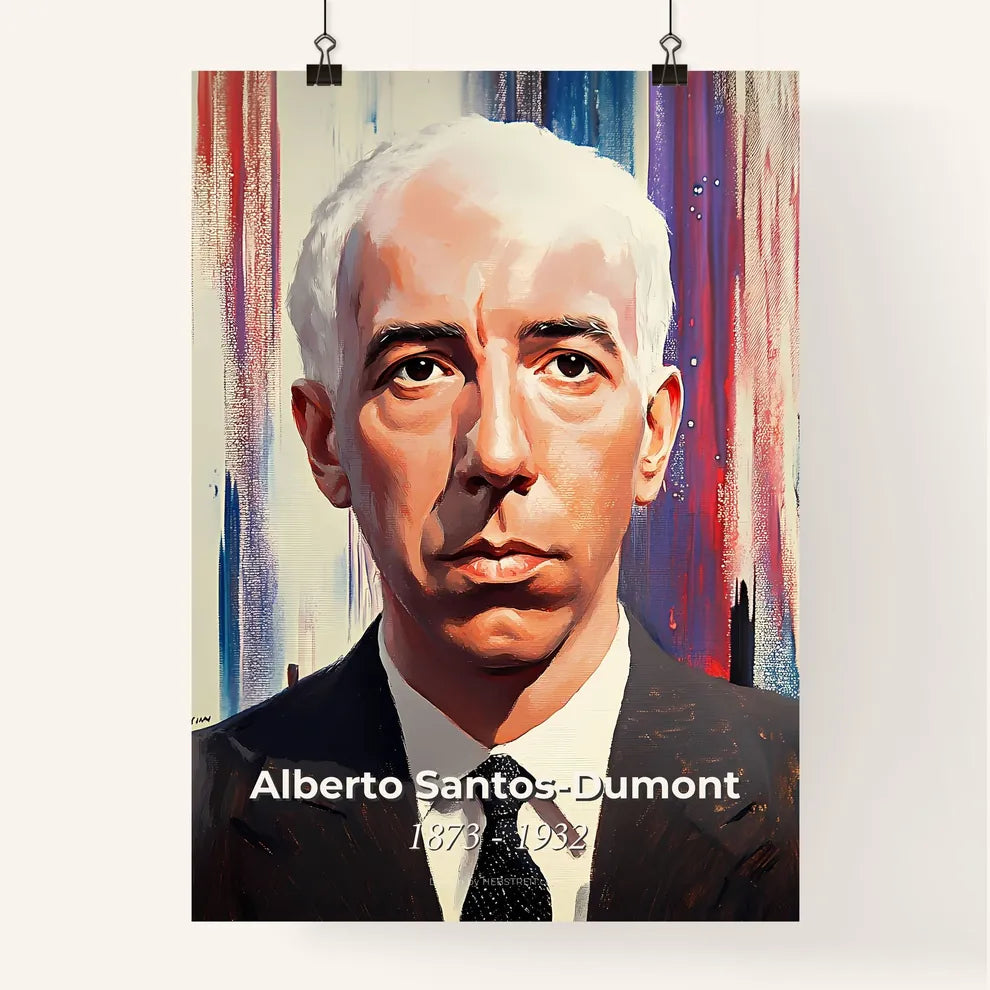 Portrait of Alberto Santos-Dumont, 1873 - 1932. Impressionistic painting of a man in a suit and tie. Poster