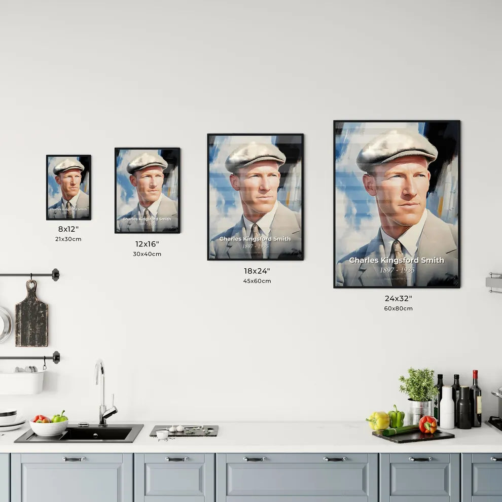Portrait of Charles Kingsford Smith, 1897 - 1935. Impressionistic painting of a man in a suit and tie. Size Chart