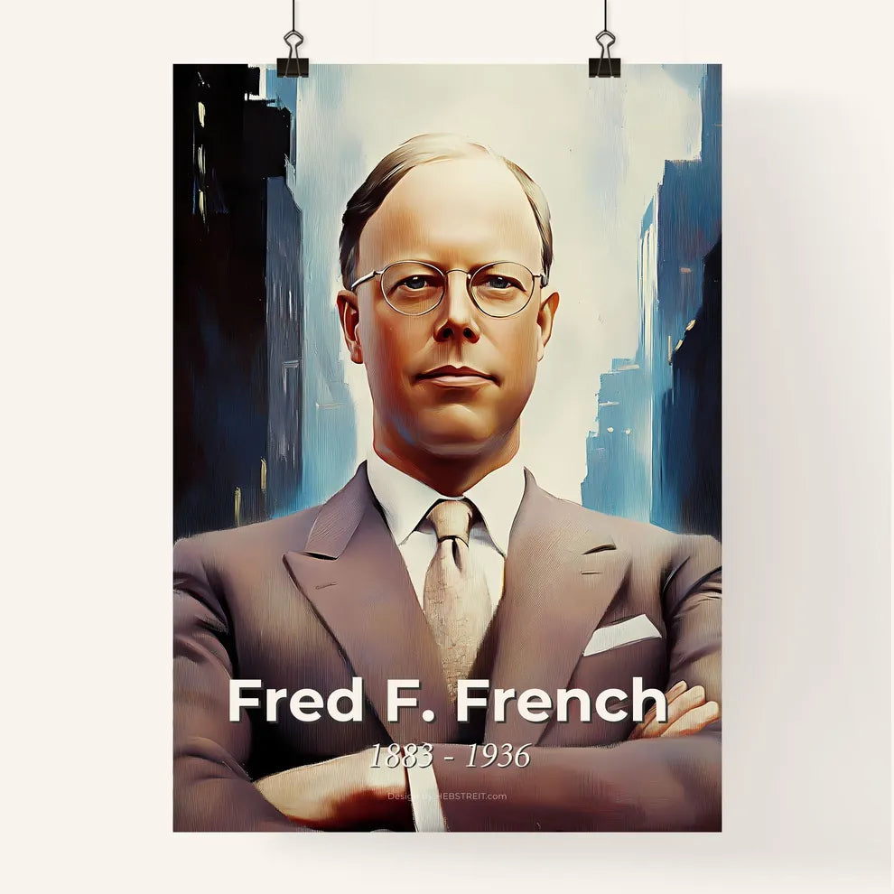 Portrait of Fred F. French, 1883 - 1936. Impressionistic painting of a man in a suit with his arms crossed. Poster