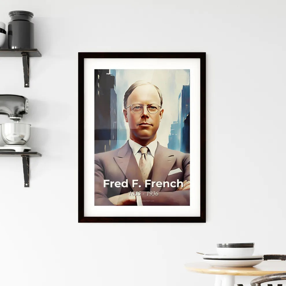 Portrait of Fred F. French, 1883 - 1936. Impressionistic painting of a man in a suit with his arms crossed. Custom Print