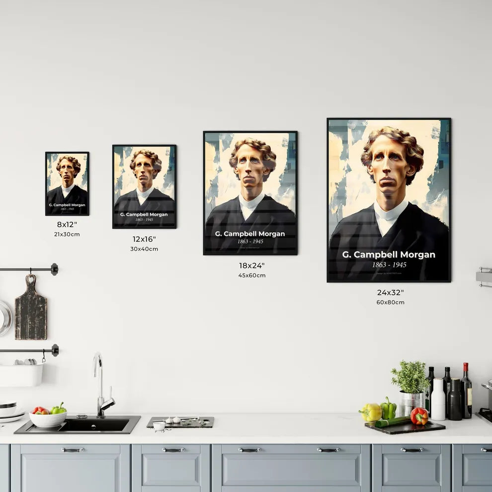 Portrait of G. Campbell Morgan, 1863 - 1945. Impressionistic painting of a man in a black robe. Size Chart