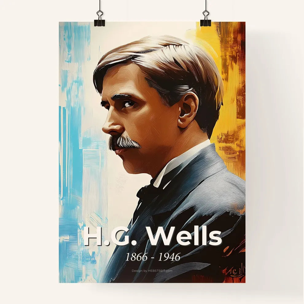 Portrait of H.G. Wells, 1866 - 1946. Impressionistic painting of a man with a mustache. Poster
