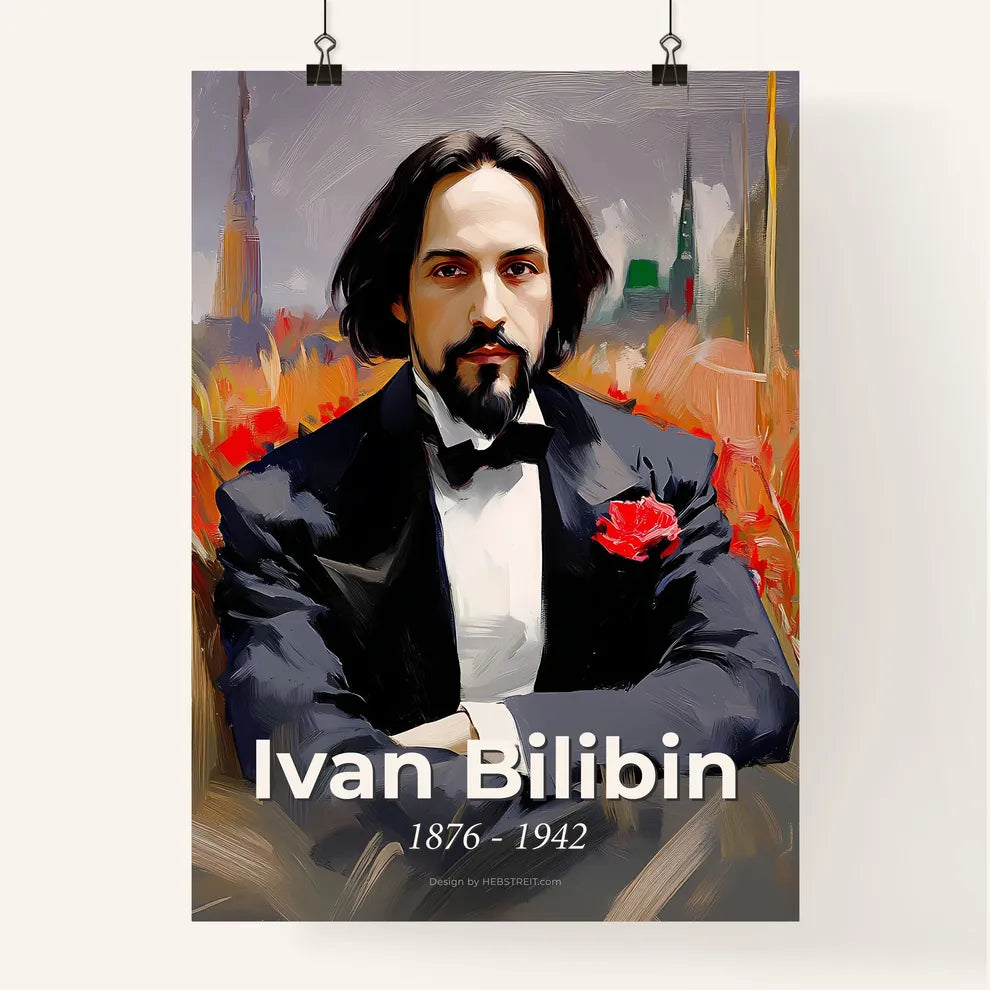 Portrait of Ivan Bilibin, 1876 - 1942. Impressionistic painting of a man in a tuxedo sitting in a field of flowers. Poster