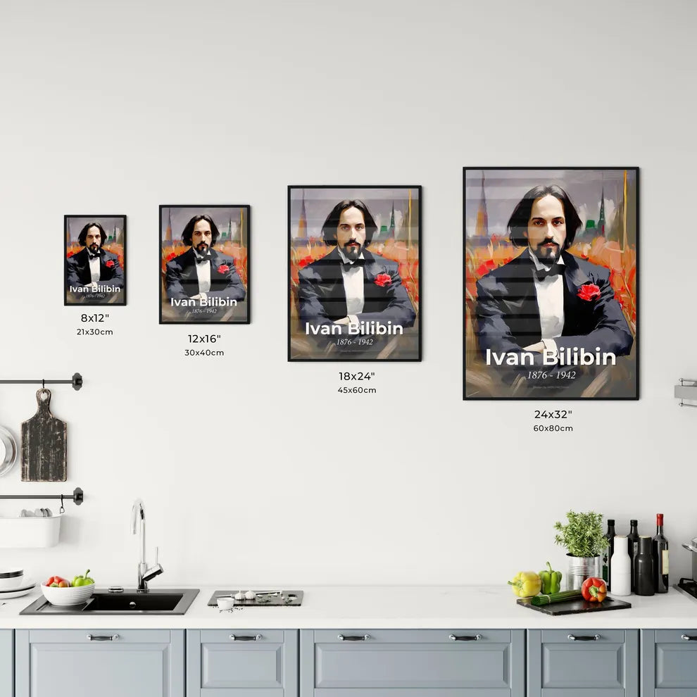 Portrait of Ivan Bilibin, 1876 - 1942. Impressionistic painting of a man in a tuxedo sitting in a field of flowers. Size Chart