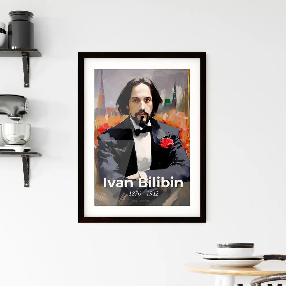 Portrait of Ivan Bilibin, 1876 - 1942. Impressionistic painting of a man in a tuxedo sitting in a field of flowers. Custom Print