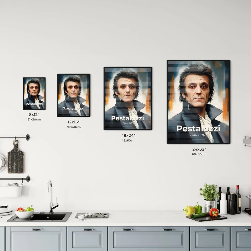 Portrait of Pestalozzi, 1746 - 1827. Impressionistic painting of a man in a suit. Size Chart