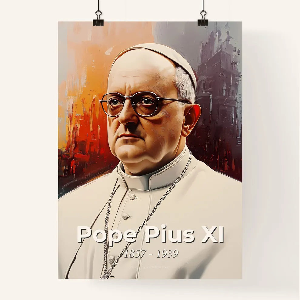 Portrait of Pope Pius XI, 1857 - 1939. Impressionistic painting of a man in a white robe and glasses. Poster
