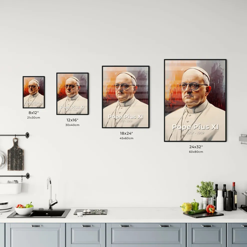 Portrait of Pope Pius XI, 1857 - 1939. Impressionistic painting of a man in a white robe and glasses. Size Chart