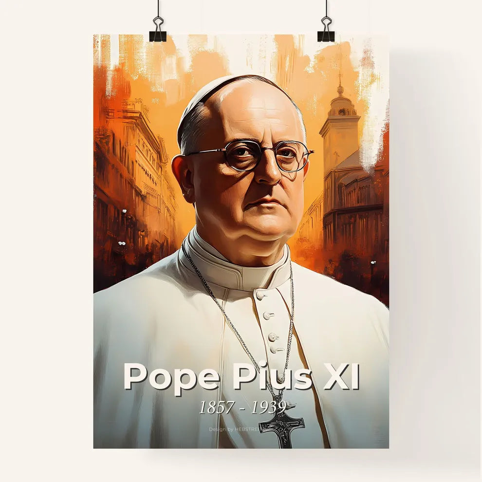 Portrait of Pope Pius XI, 1857 - 1939. Impressionistic painting of a man in a white robe and glasses. Poster