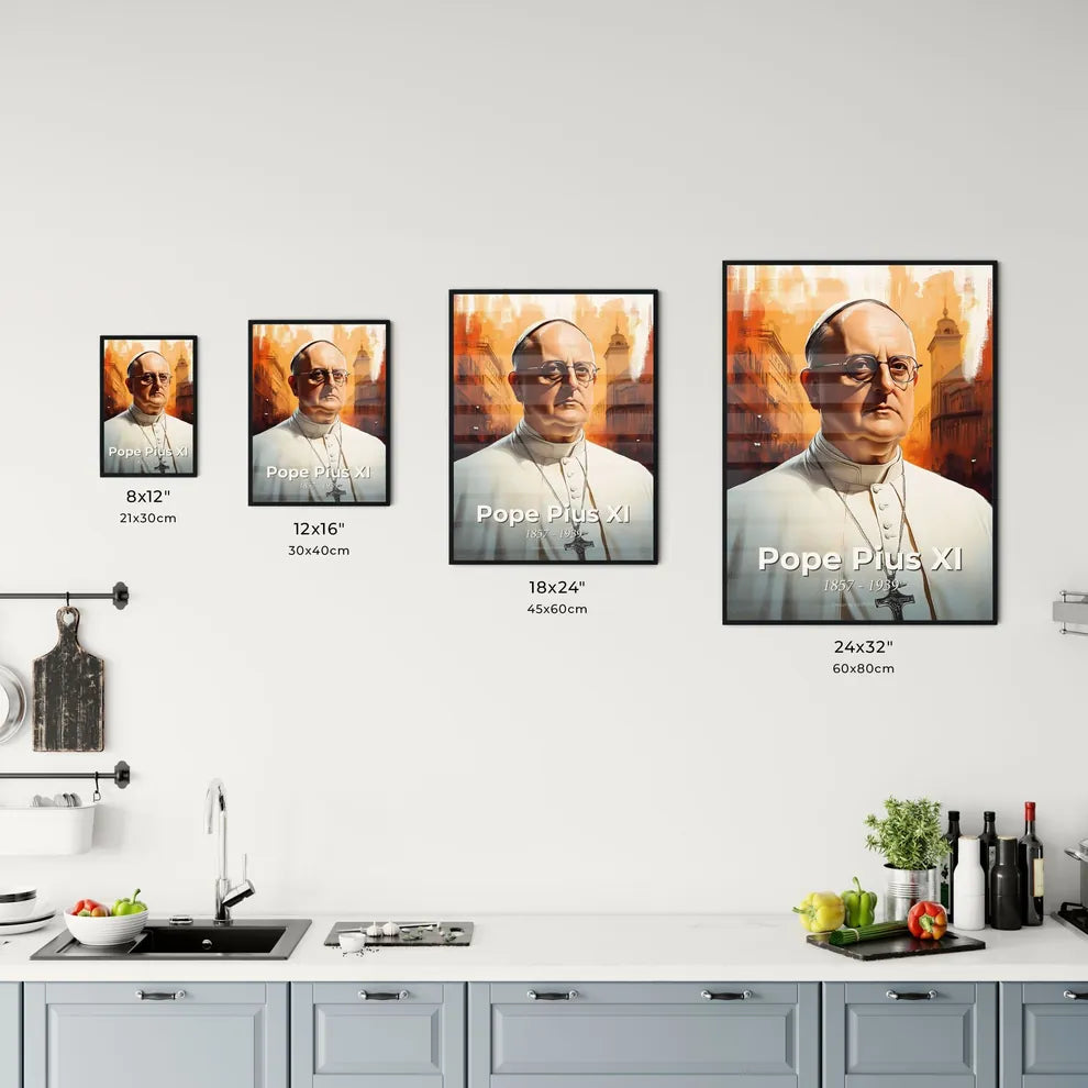 Portrait of Pope Pius XI, 1857 - 1939. Impressionistic painting of a man in a white robe and glasses. Size Chart