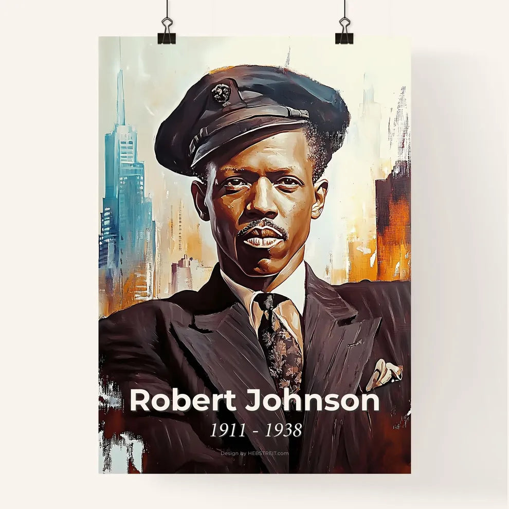 Portrait of Robert Johnson, 1911 - 1938. Impressionistic painting of a man in a suit and hat. Poster