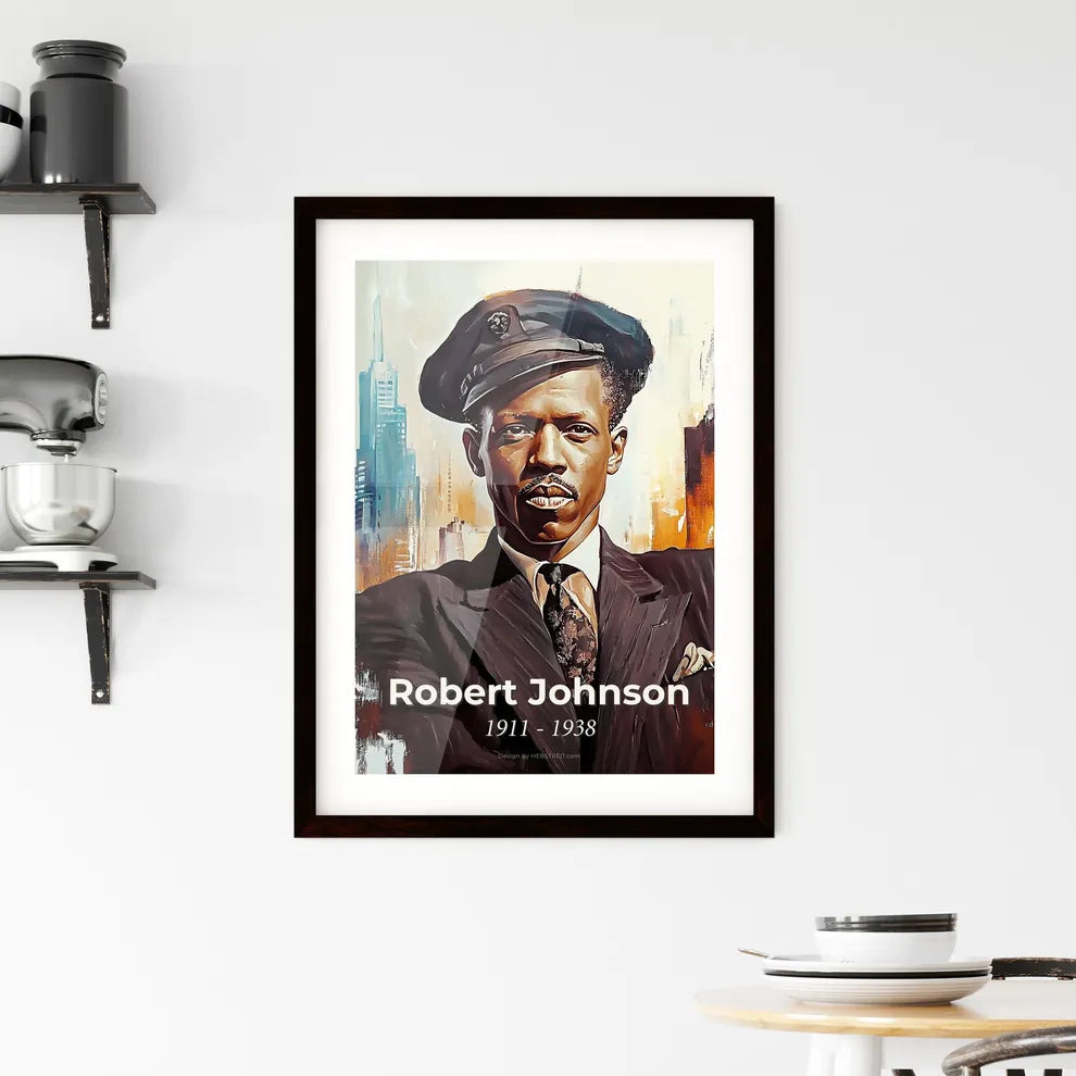 Portrait of Robert Johnson, 1911 - 1938. Impressionistic painting of a man in a suit and hat. Custom Print