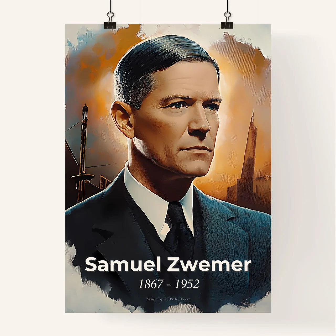 Portrait of Samuel Zwemer, 1867 - 1952. Impressionistic painting of a man in a suit. Poster