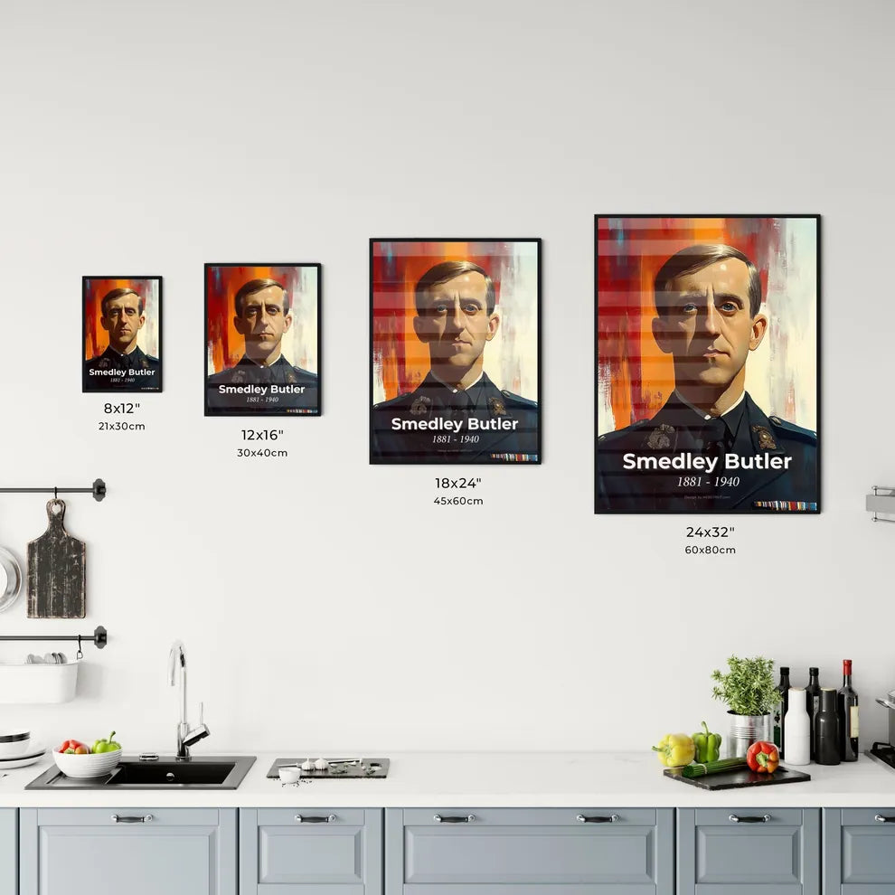 Portrait of Smedley Butler, 1881 - 1940. Impressionistic painting of a man in a military uniform. Size Chart