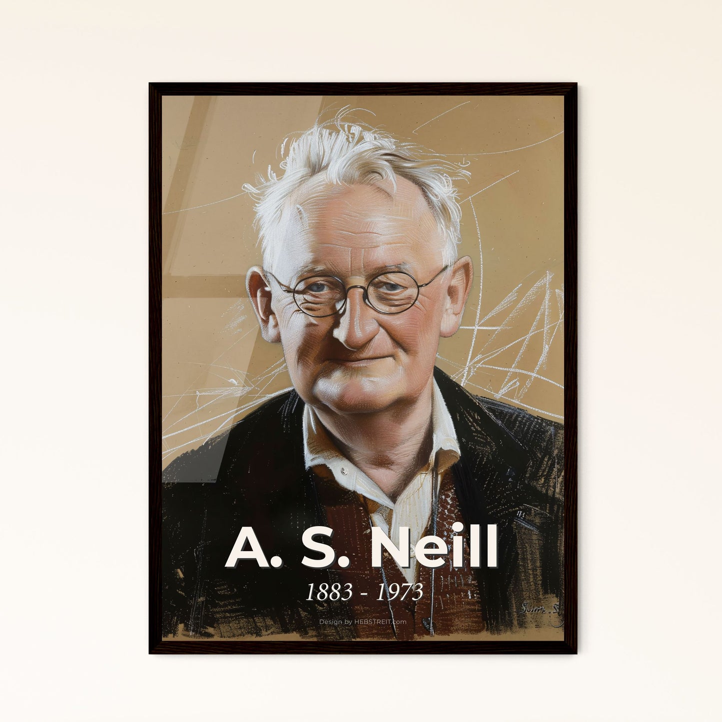 Dynamic Modern Portrait of A. S. Neill: Celebrating Democratic Education with Elegant Lines & Subtle Color on Bright Beige