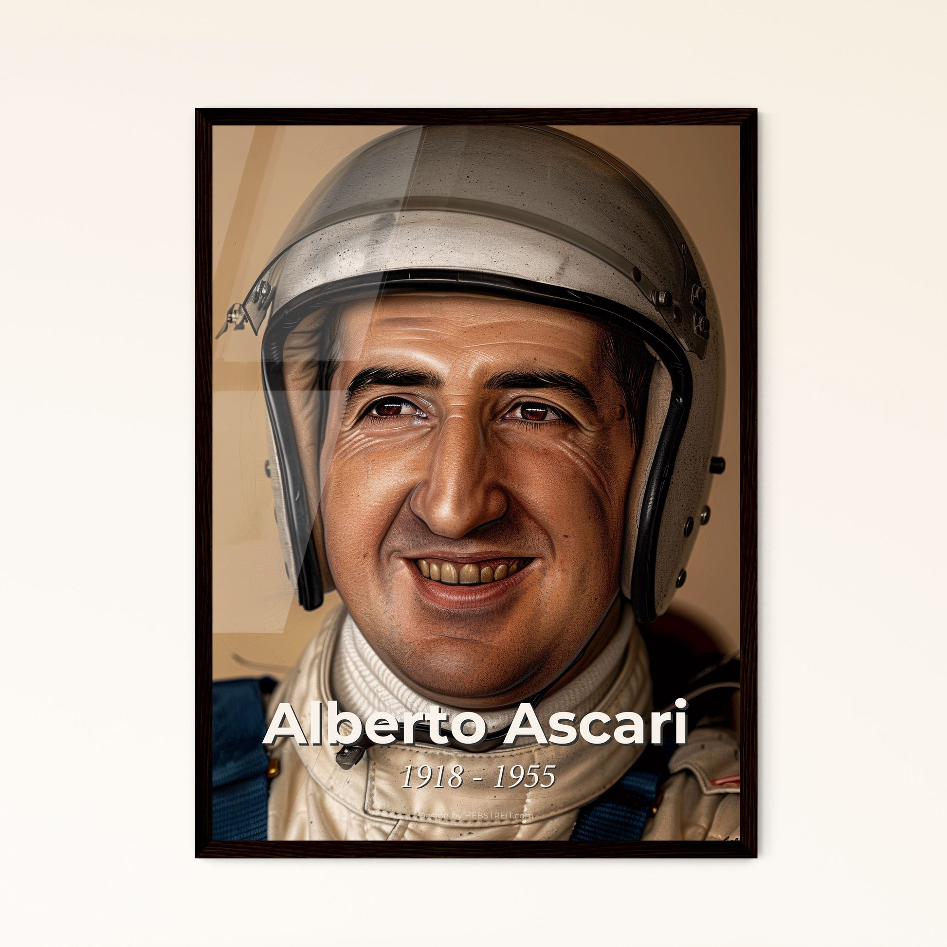 Alberto Ascari: Dynamic Contemporary Art Print – Two-Time F1 Champion Portrait with Elegant Hatching on Beige Background