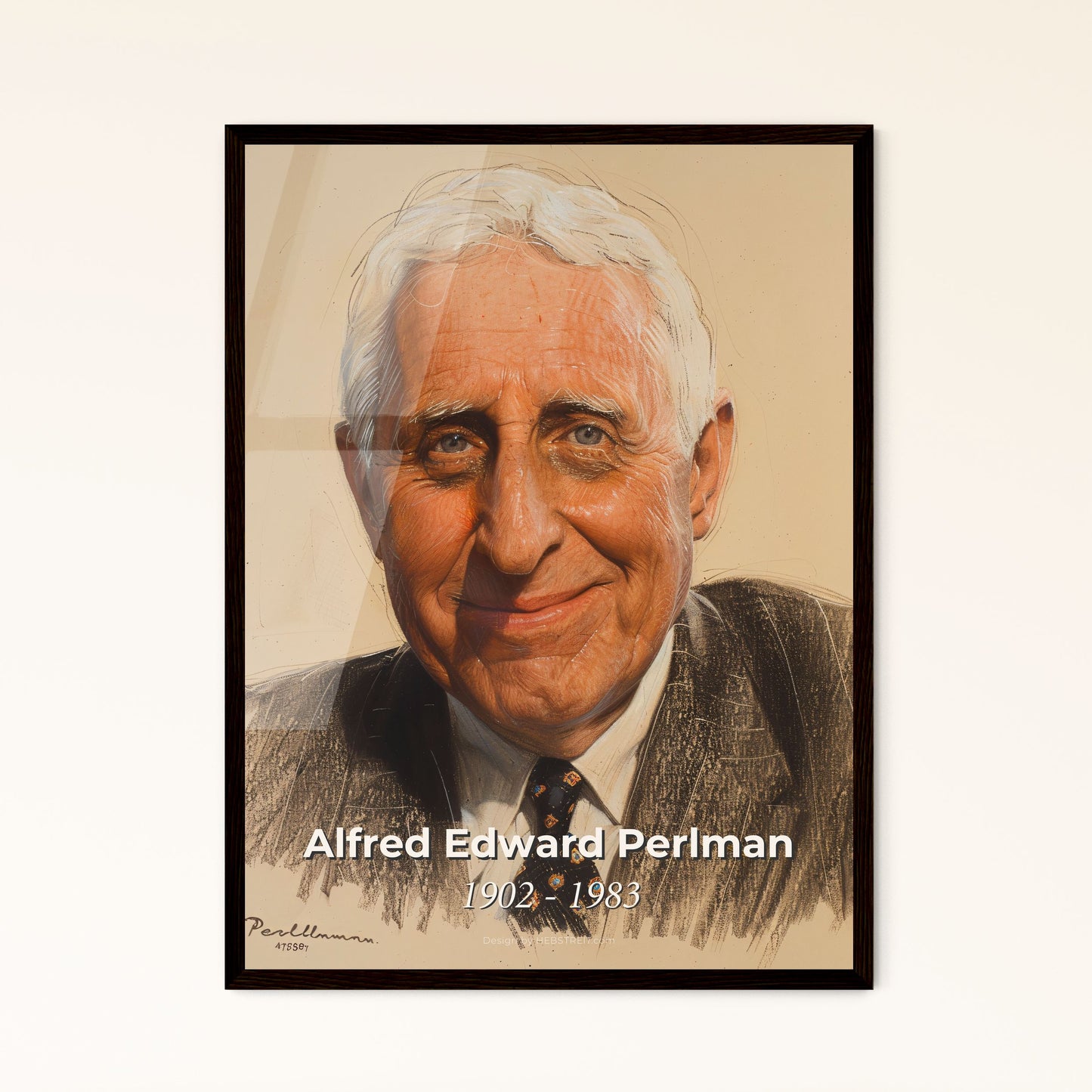 Alfred Edward Perlman: A Modern Railway Visionary - Vibrant Contemporary Portrait on Beige, Stunning Hatching & Dynamic Lines