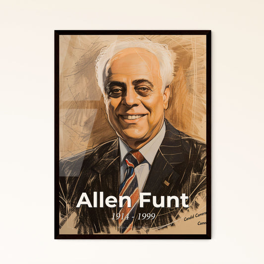 Whimsical Portrait of Allen Funt: Celebrating the Iconic Candid Camera Host in Striking Contemporary Art on Beige Background