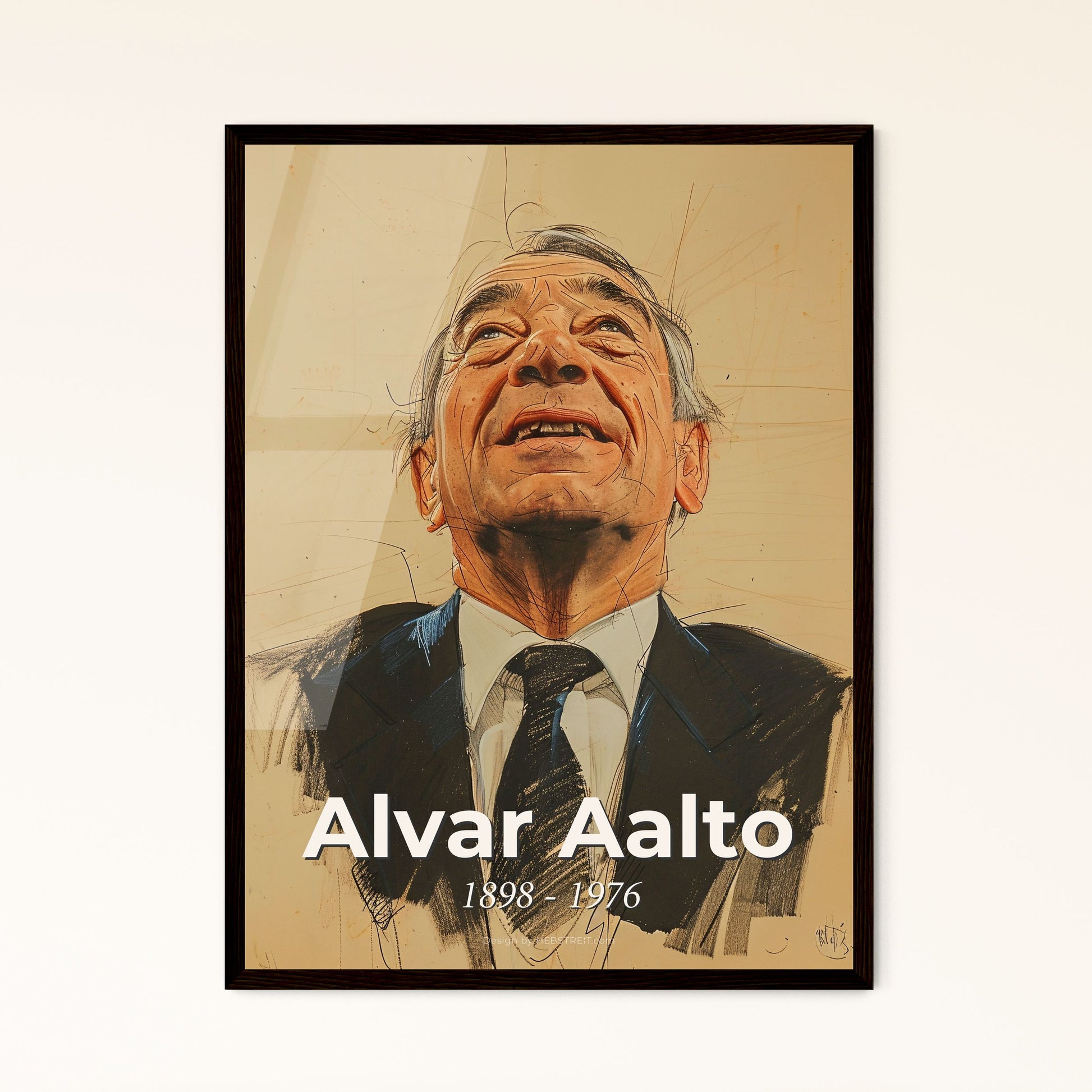 Alvar Aalto: Elegant Humanist Modernism - Contemporary Portrait Art Print on Beige, Frame Options & High-Res Aluminum Available!